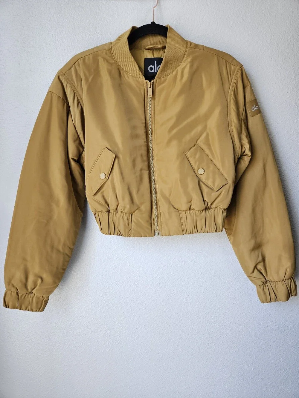 Alo Yoga Cropped Break Line Bomber Jacket Gold Ochre Mustard Size Small
